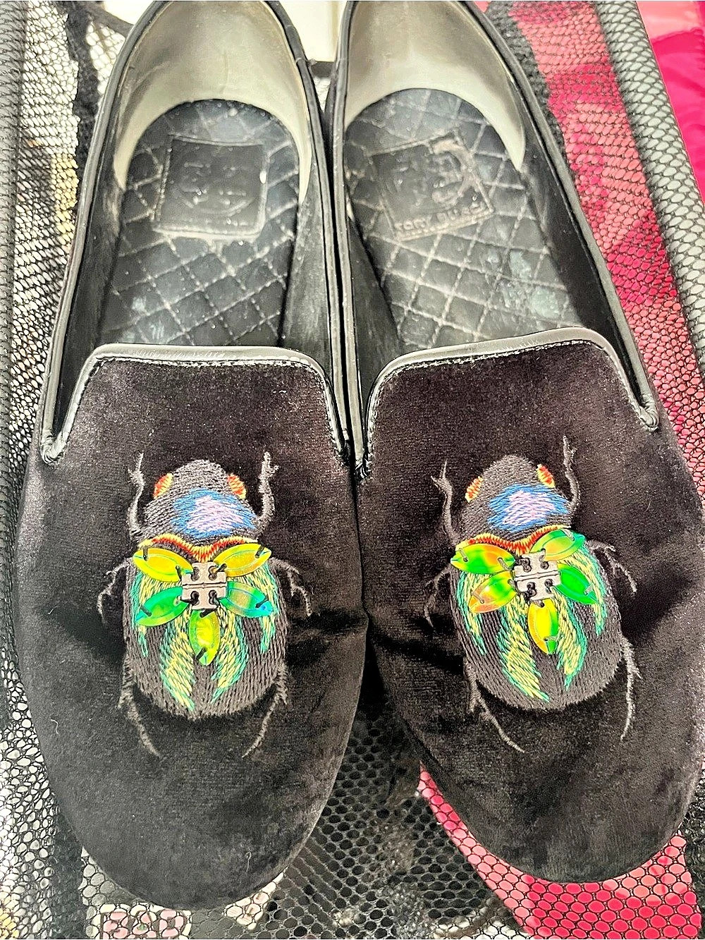 Tory Burch Easton Velvet Beetle Embroidered Loafers Black